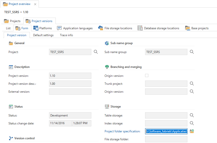 Project folder specification location