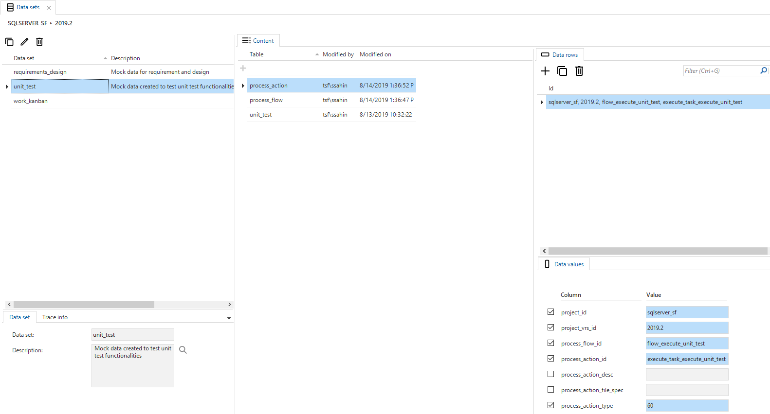 This image shows the data sets screen